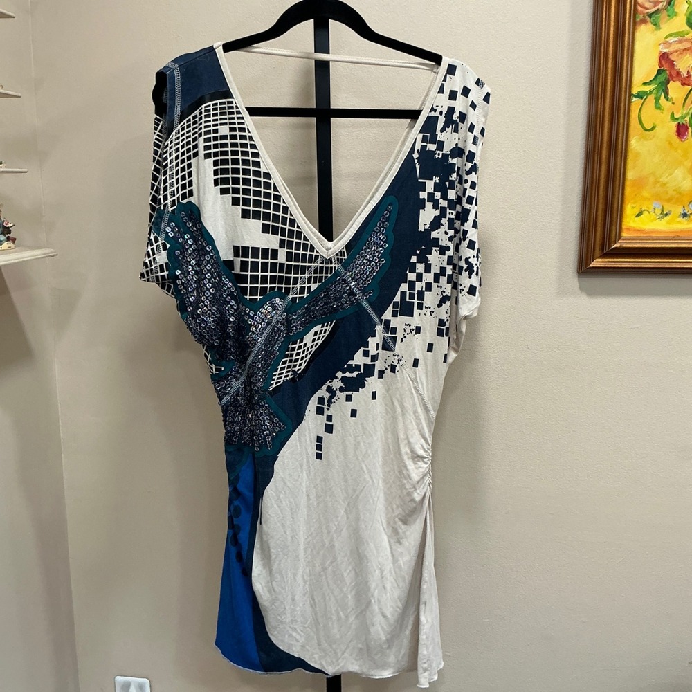 Ringspun Tunic Top Y2K Size Large Cream Blue Sequined Bird Ruched Graphic Tee